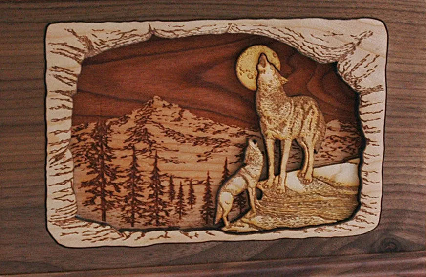 Wood Companion Urn with 3 Dimensional Inlay Art Scene