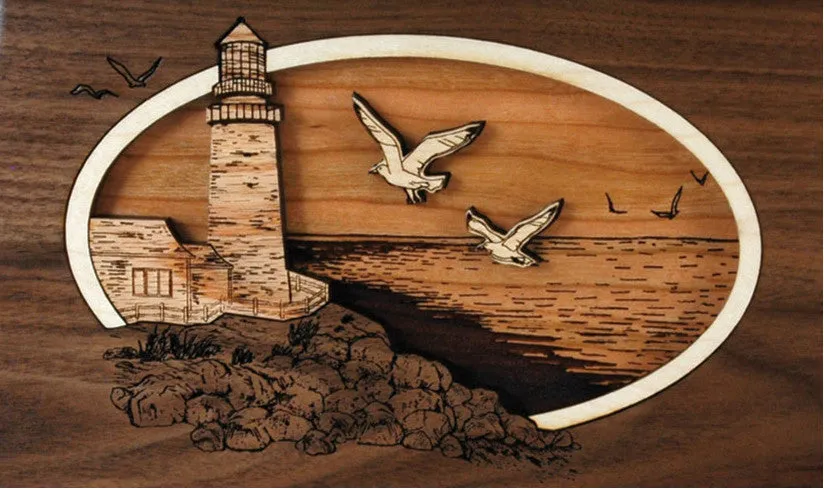 Wood Companion Urn with 3 Dimensional Inlay Art Scene