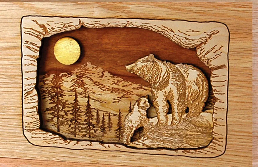 Wood Companion Urn with 3 Dimensional Inlay Art Scene