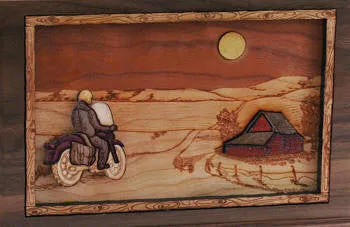 Wood Companion Urn with 3 Dimensional Inlay Art Scene