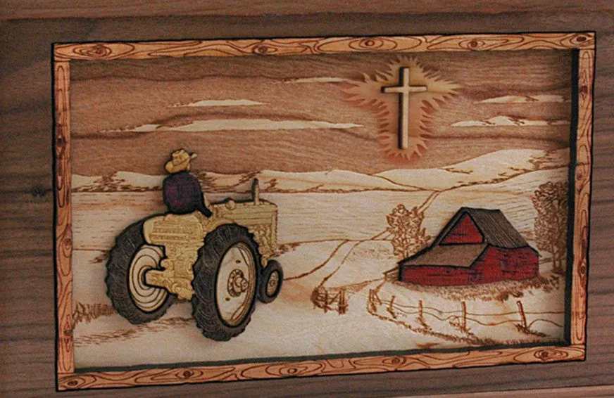 Wood Companion Urn with 3 Dimensional Inlay Art Scene