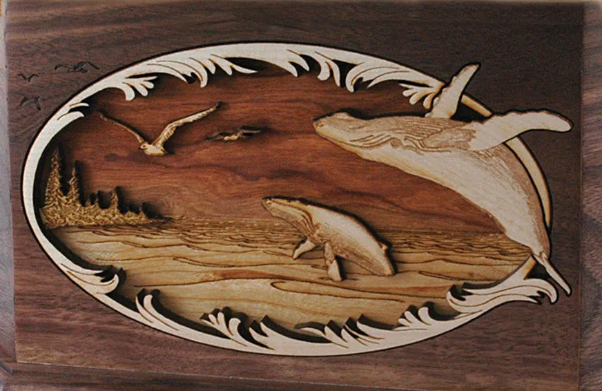 Wood Companion Urn with 3 Dimensional Inlay Art Scene
