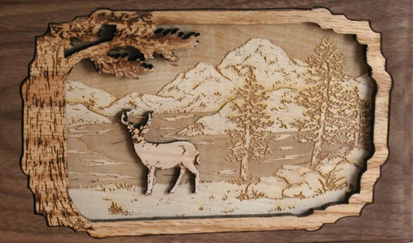 Wood Companion Urn with 3 Dimensional Inlay Art Scene