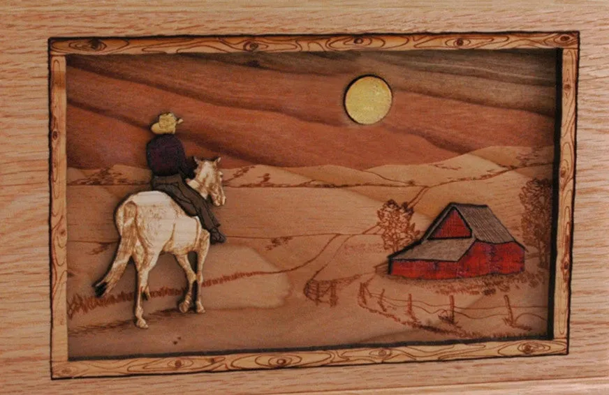 Wood Companion Urn with 3 Dimensional Inlay Art Scene